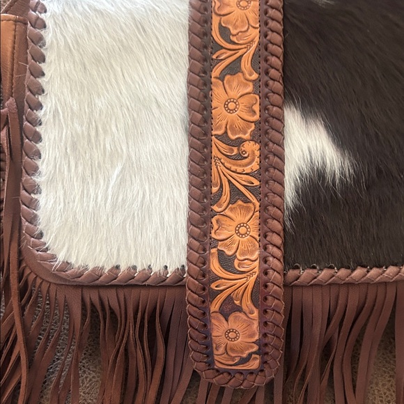 American Darling Brown Leather Fringe Crossbody with Black and White Cowhide - Picture 3 of 5